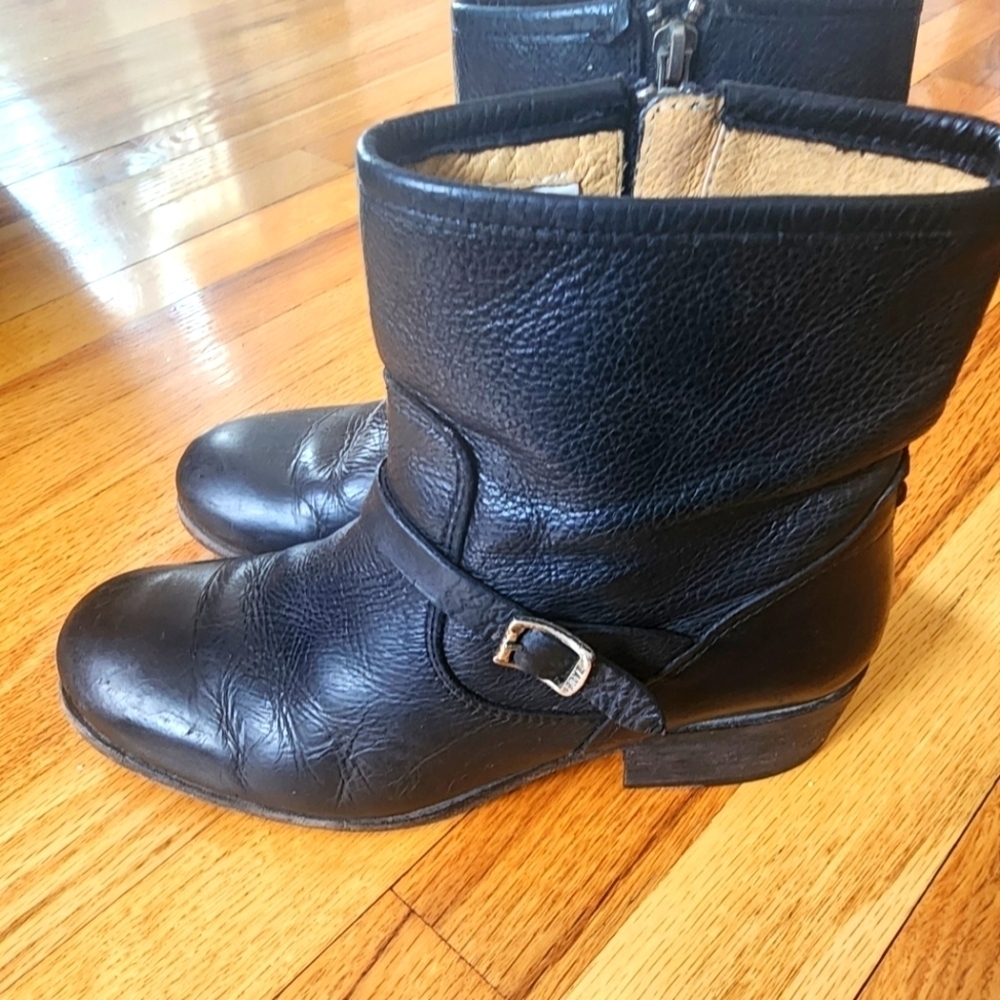 Frye Black Leather Ankle Booties with Buckle